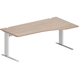 Schäfer Shop Pure Schreibtisch PLANOVA BASIC, Freiform, Ansatz rechts, C-Fuss, B 1800 x T 1000/800 x H 717 mm, Eiche/weiss + Kabelkanal