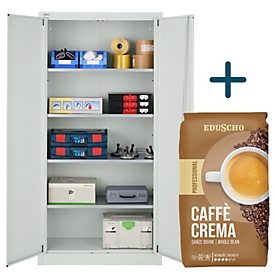 Schäfer Shop Pure Stahlschrank Flügeltür, 4 Böden, 250 kg, RAL 7035, 950×400×1935 mm, gratis EDUSCHO Caffè Crema 1 kg