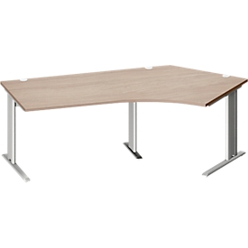 Schäfer Shop Pure Winkelschreibtisch PLANOVA BASIC, 135° Winkel rechts, C-Fuß, B 2165 x T 800/800 x H 717 mm, Eiche/weiß + Kabelkanal