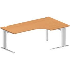 Schäfer Shop Pure Winkelschreibtisch PLANOVA BASIC, 90° Winkel rechts, C-Fuss, B 2000 x T 1200/800 x H 717 mm, Buche/weiss + Kabelkanal