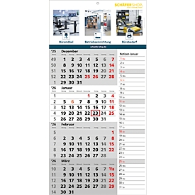 Schäfer Shop Select 4 Monats-Wandkalender Memo 2026, 1-sprachig deutsch, 12 Seiten, Notizspalte, Datumsschieber, B 300 x H 600 mm, Karton, grau-weiß