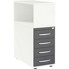 Schäfer Shop Select Anstellcontainer LOGIN, mit Aufsatzregal, 4 Schübe, B 409 x T 800 x H 1120 mm, Holz, abschliessbar, weiss/graphit