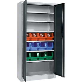 Schäfer Shop Select Armoire à matériel MSI 2409, avec 12 bacs LF 322, 6 étagères, L 950 x P 400 x H 1935 mm, acier, blanc aluminium/gris anthracite
