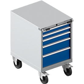Schäfer Shop Select Armoire à outils mobile WSK 36-27, 5 tiroirs, H 920 mm, verrouillage simple, acier, capacité de charge 75 kg, aluminium blanc/bleu azur