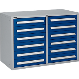 Schäfer Shop Select Armoire à tiroirs SF 120, 12 tiroirs avec porte-étiquettes, verrouillable, L 1055 x P 500 x H 723 mm, aluminium blanc RAL 9006/bleu gentiane RAL 5010