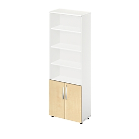 Schäfer Shop Select Armoire combinée LOGIN, en haut 4 étagères, en bas 2 hauteurs de classeurs avec portes, L 800 x P 420 x H 2240 mm, blanc/érable décor