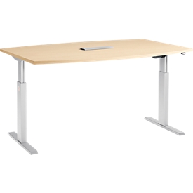 Schäfer Shop Select Besprechungstisch ERGO-T, mit Anschluss, elektrisch höhenverstellbar, Boot, T-Fuß, B 2000 x H 725-1185 mm, Ahorn/weißalu 