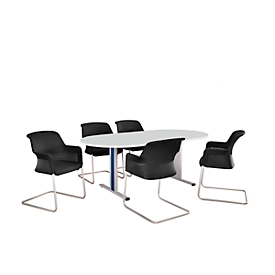 Schäfer Shop Select Besprechungstisch Planova Basic, Oval, T-Fuß, B 2000 x T 1000 x H 717 mm, lichtgrau/weißaluminium RAL 9006 