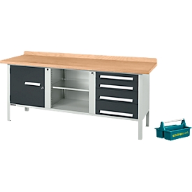 Schäfer Shop Select box-type werkbank PWi 200-1, beuken multiplex blad, tot 750 kg, B 2000 x D 700 x H 840 mm, lichtgrijs/antraciet + gratis draagkoffer Carry