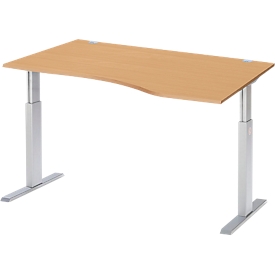 Schäfer Shop Select Bureau ERGO-T, réglage électrique de la hauteur, forme libre, approche à droite, pied en T, L 1800 x H 725-1185 mm, décor hêtre/alu blanc