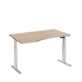 Schäfer Shop Select Bureau ERGO-T, réglage électrique de la hauteur, forme libre, approche à gauche, pied en T, L 1800 x H 725-1185 mm, chêne/alu blanc