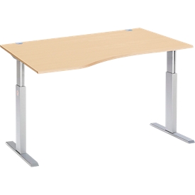 Schäfer Shop Select Bureau ERGO-T, réglage électrique de la hauteur, forme libre, approche à gauche, pied en T, L 1800 x H 725-1185 mm, décor érable/alu blanc
