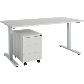 Schäfer Shop  Select Bureautafel m. verrijdbaar ladeblok, T-poot, staal, lichtgrijs, houten blad B 1600 x D 800 x H 735 mm, 3 schuifladen 