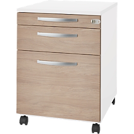 Schäfer Shop Select Caisson à roulettes Login, extension HR+tiroir à ustensiles+tiroir, verrouillable, bois, L 431 x P 580 x H 595 mm, blanc/chêne