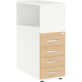 Schäfer Shop Select Caisson d'appoint LOGIN, avec étagère à poser, 4 tiroirs, L 409 x P 800 x H 1120 mm, bois, verrouillable, blanc/érable