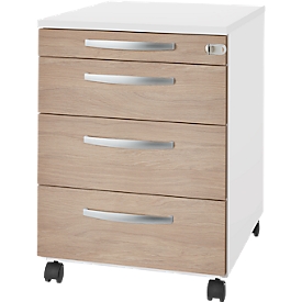 Schäfer Shop Select Caisson roulant LOGIN, 3 tiroirs, 1 tiroir à ustensiles, verrouillage central, L 432 x P 580 x H 595 mm, blanc/chêne