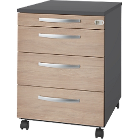 Schäfer Shop Select Caisson roulant LOGIN, 3 tiroirs, 1 tiroir à ustensiles, verrouillage central, L 432 x P 580 x H 595 mm, graphite/chêne