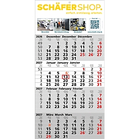 Schäfer Shop Select Calendrier mural 4 mois Quattro 2027, trilingue, 12 pages, curseur de date, L 300 x H 600 mm, carton, gris-blanc