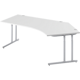 Schäfer Shop Select COMBITEC hoekbureau, 135° hoek rechts, C-poot, B 2165 x D 800/800 x H 677-817 mm, aluminium lichtgrijs/wit