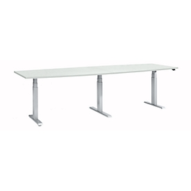 Schäfer Shop Select conference table ERGO-T 2.0 Big, up to 8 persons, electrically height adjustable, barrel, T-foot, W 2800 mm, light grey/white aluminium