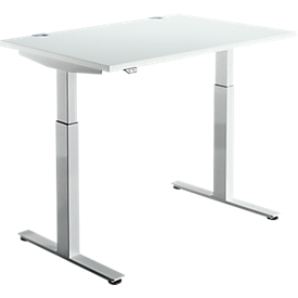 Schäfer Shop Select DRIVE UP 1 escritorio, regulable en altura eléctricamente, rectangular, pie en T, ancho 1200 x fondo 800 x alto 700-1200 mm, aluminio gris claro/blanco