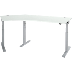 Schäfer Shop Select ERGO-T 2.0 angled desk, electrically height-adjustable, 135° angle left, T-foot, W 2185 mm, light gray/white aluminum