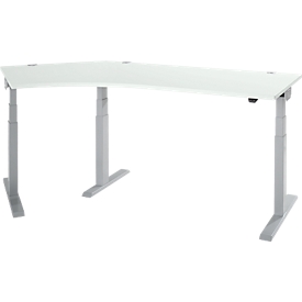 Schäfer Shop Select ERGO-T 2.0 bureau d'angle, réglable en hauteur électriquement, angle de 135° à gauche, pied en T, L 2000 mm, gris clair/aluminium blanc 