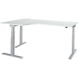 Schäfer Shop Select ERGO-T 2.0 bureau d'angle, réglable en hauteur électriquement, angle de 90° à gauche, pied en T, L 2000 mm, gris clair/aluminium blanc 