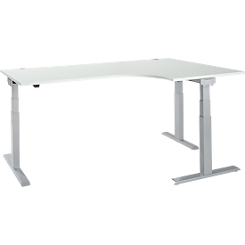 Schäfer Shop Select ERGO-T 2.0 bureau d'angle, réglable en hauteur électriquement, angle droit de 90°, pied en T, L 2000 mm, gris clair/aluminium blanc 