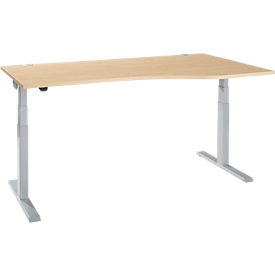 Schäfer Shop Select ERGO-T 2.0 bureau, réglable en hauteur électriquement, fixation libre à droite, pied en T, L 1800x H 640-1300 mm, érable/aluminium blanc 