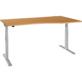 Schäfer Shop Select ERGO-T 2.0 bureau, réglable en hauteur électriquement, fixation libre à droite, pied en T, L 1800x H 640-1300 mm, hêtre/aluminium blanc 