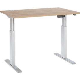 Schäfer Shop Select ERGO-T bureau, elektrisch in hoogte verstelbaar, rechthoekig, T-voet, B 1200 x D 800 x H 725-1185 mm, eiken/blank aluminium