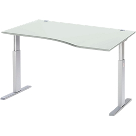 Schäfer Shop Select ERGO-T bureau, elektrisch in hoogte verstelbaar, vrije vorm, aanbouw rechts, T-voet, B 1800 x H 725-1185 mm, aluminium lichtgrijs/wit