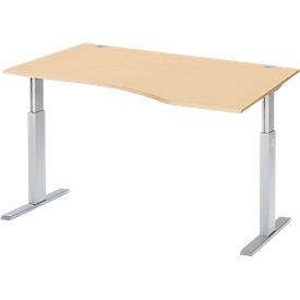 Schäfer Shop Select ERGO-T escritorio, regulable eléctricamente en altura, forma libre, fijación a la derecha, pie en T, An 1800 x Al 725-1185 mm, arce/aluminio blanco