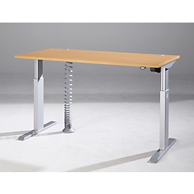 Schäfer Shop Select ERGO-T escritorio, regulable eléctricamente en altura, rectangular, pata en T, ancho 1600 x fondo 800 x alto 725-1185 mm, haya/aluminio blanco, espiral para cables