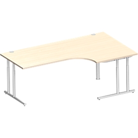 Schäfer Shop Select escritorio angular COMBITEC, ángulo de 90° a la derecha, pie en C, An 2000 x Pr 1200/800 x Al 677-817 mm, arce/aluminio blanco