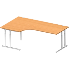 Schäfer Shop Select escritorio angular COMBITEC, ángulo de 90° a la izquierda, pie en C, An 2000 x Pr 1200/800 x Al 677-817 mm, haya/aluminio blanco