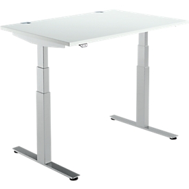 Schäfer Shop Select Escritorio DRIVE UP 2, pata en T, rectangular, ajustable en altura eléctr. en 2 niveles, An 1200 mm, gris luminoso/aluminio blanco 