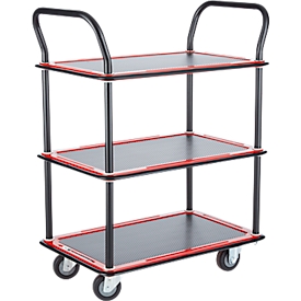 Schäfer Shop Select Etagenwagen 130L, 3 Etagen, Stahl pulverbeschichtet, PUR-Räder, B 485 x T 710/775 x H 1000 mm, bis 220 kg, schwarz/rot