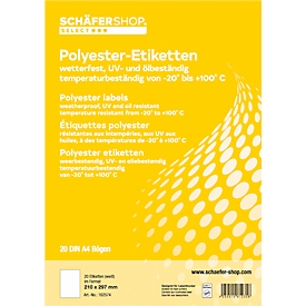 Schäfer Shop Select Etiquetas de poliéster, resistentes a la intemperie, 210 x 297 mm, blancas, 20 hojas