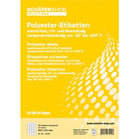 Schäfer Shop Select Étiquettes polyester, résistantes aux intempéries, 45,7 x 21 mm, mat transparent, 20 feuilles