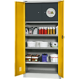 Schäfer Shop Select Gefahrstoffschrank, B 950 x T 500 x H 1935 mm, 3 Wannen, Sicherheitsfach Typ 30, lichtgrau/goldgelb