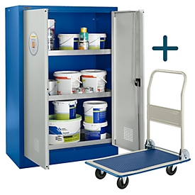 Schäfer Shop Select Gefahrstoffschrank Umweltschrank UWS1409, Stahlblech, B 950 x T 500 x H 1585 mm, enzianblau/lichtgrau + GRATIS Plattformwagen AM 80