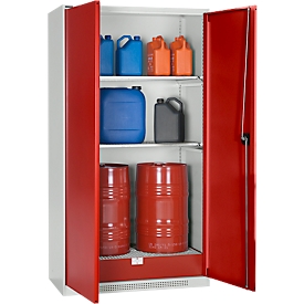 Schäfer Shop Select hazardous materials cabinet, for oil etc., 2 x 60 l drums and 8 x 20 l canisters, external dimensions W 1055 x D 520 x H 1950 mm, light grey/ruby red