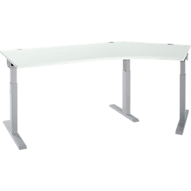 Schäfer Shop Select hoekbureau ERGO-T 2.0, 135° hoek, aanbouw rechts, T-voet, B 2165 x D 800 x H 675-895 mm, alu lichtgrijs/wit