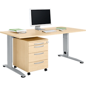 Schäfer Shop Select juego de muebles de oficina Escritorio de 2 piezas LOGIN C-foot, ancho 1600 mm + cajonera móvil, 3 cajones, extracción de utensilios, cierre centralizado, decoración arce