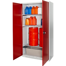 Schäfer Shop Select kast voor gevaarlijke stoffen, voor olie enz., 2 x 60 l vaten en 8 x 20 l bussen, B 1055 x D 520 x H 1950 mm, lichtgrijs/robijnrood