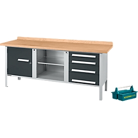 Schäfer Shop Select Kastenwerkbank PWi 200-1, Buche Multiplexplatte, bis 750 kg, B 2000 x T 700 x H 840 mm, weißalu/anthrazit + gratis Tragekasten Carry