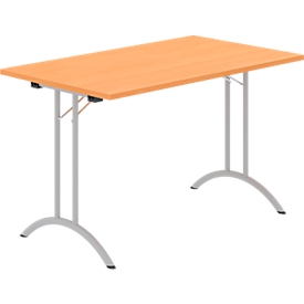Schäfer Shop Select Klapptisch, Rechteck, Doppel-T-Fußgestell, Spezial-Klappbeschlag & Bodenausgleich, B 1200 x T 700 x H 720 mm, Buche-Dekor/alusilber