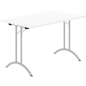 Schäfer Shop Select Klapptisch, Rechteck, Doppel-T-Fußgestell, Spezial-Klappbeschlag & Bodenausgleich, B 1200 x T 700 x H 720 mm, weiß/alusilber